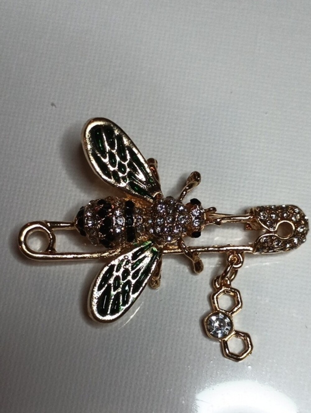 Bee Safety Pin Brooch with Green Enamel Wings
